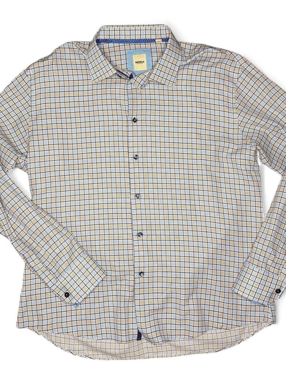 Serica light blue tan plaid cotton button down shirt XL - pastel preppy classic